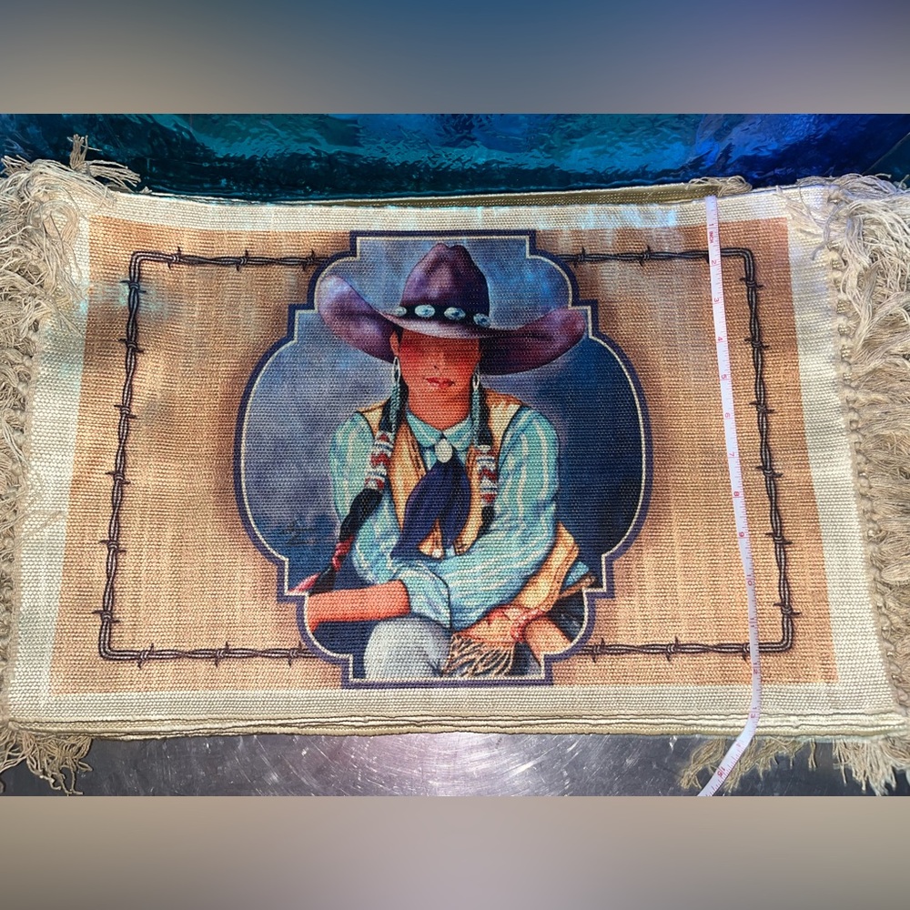 Set of 6 Western Placemats Cowgirl with Purple Hat.